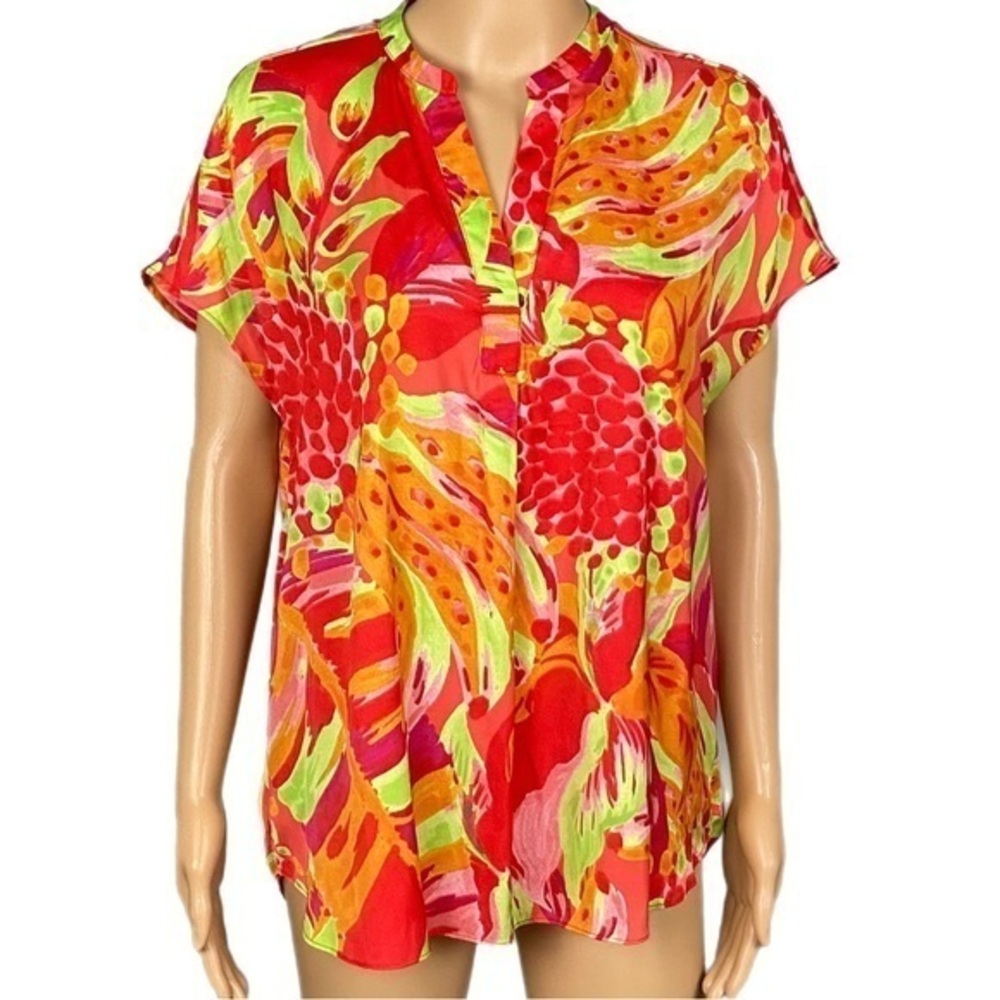 CUPCAKES AND CASHMERE satin red/orange/pink/lime abstract blouse. Medium. NWT